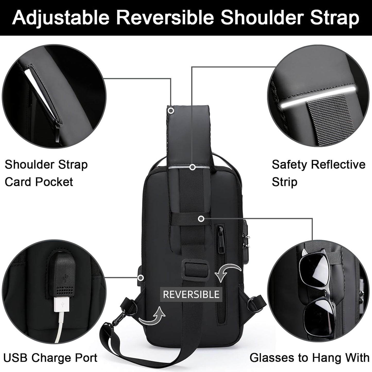Sling Bag for Men Anti-theft USB Crossbody Shoulder Backpack Purse Waterproof PU Leather Chest Bag Travel Daily Use