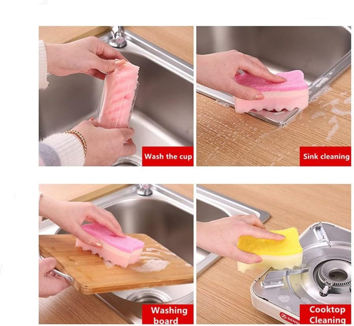 Non-Scratch Cellulose Scrub Sponge,Multipurpose Cleaning Scrubber, Dual-Sided Dishwashing Sponge for Kitchen (Yellow & Pink, Rectangle 4pcs)