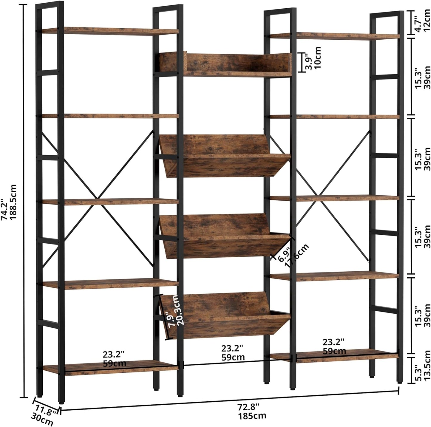 IRONCK Bookshelves and Bookcases 5 Tiers, Triple Wide Industrial Bookshelf, Large Etagere Bookshelf, Display Storage Bookshelves with Metal Frame for Living Room, Home Office