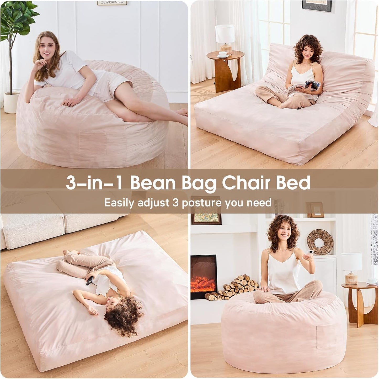 Bean Bag Chairs for Adults - Giant Bean Bag Chair Convertible Bean Bag Bed - Beanbag Chair with Micro Fiber Cover/Furniture Foam Filler - Floor Couch Sofa in Bedroom Dorm Room - Full Pink