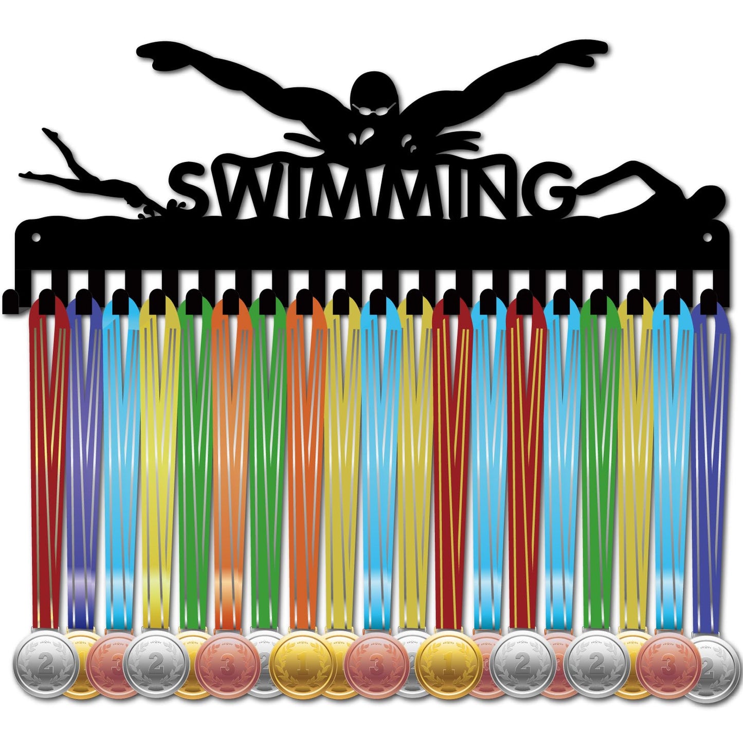 CREATCABIN Swimming Medal Holder Hanger Medals Hooks Sports Awards Display Rack Race Ribbons Organizer Black Metal Case Frame with 20 Hooks for Hanging Over 20 Medals Swimmer Medalist 15.7 x 5.9 Inch