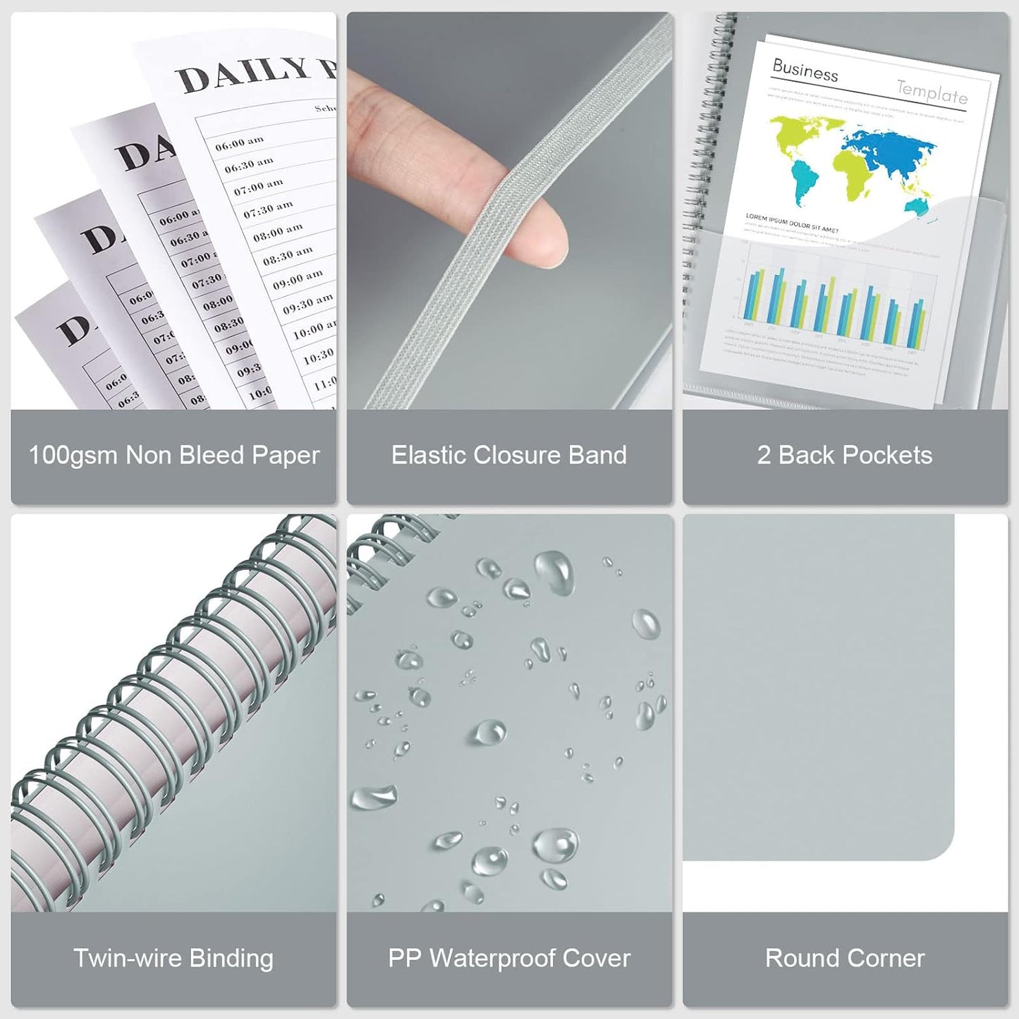 Planner Undated, Asten Daily Planner Agenda with to Do List, Hourly Schedules for Women and Men, Spiral Appointment Book with Elastic Closure, Inner Pocket 8.5" x 11" (Gray)