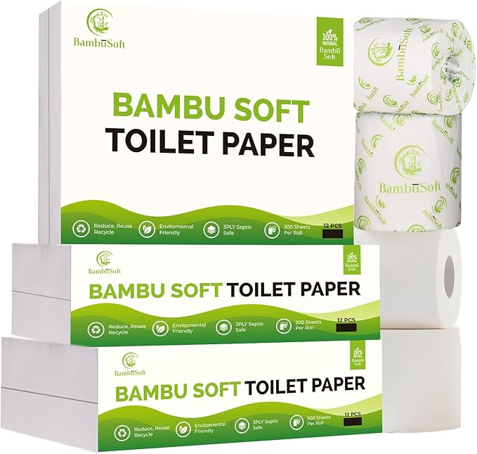 Unbleached Bamboo Toilet Paper, 12 Large Rolls – 3 Ply Ultra Soft, Strong & Septic Safe, Eco Friendly Biodegradable Bathroom Tissue