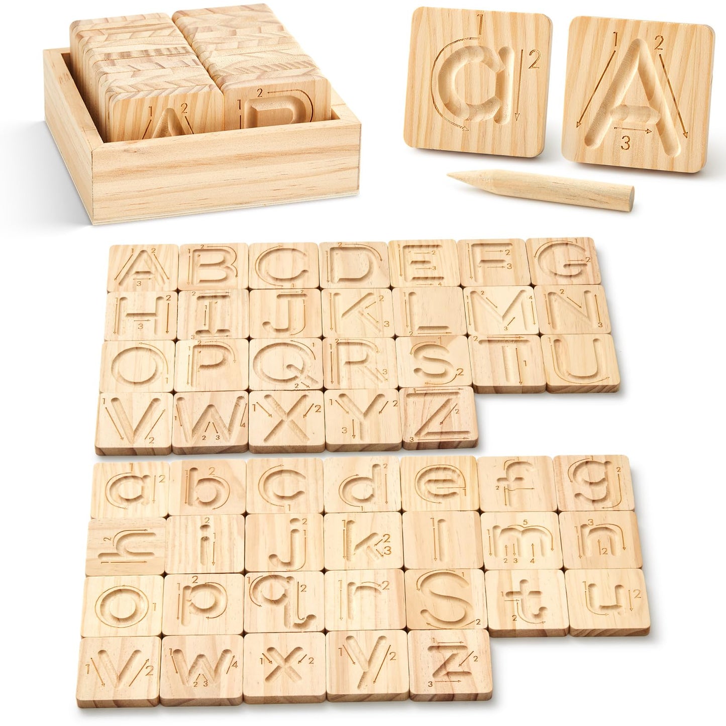 Jaloro Alphabet Tracing Board for Kids Montessori Wooden Letter Tracing Set, 26 Double Sided Uppercase & Lowercase Boards with Arrows, Handwriting Practice Toy with Stylus & Storage Box