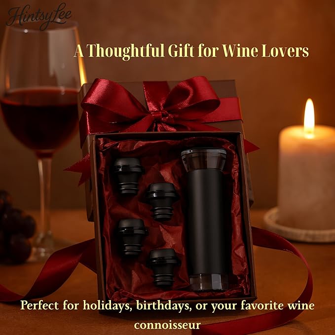 Wine Vacuum Pump & 4 Reusable Stoppers – Airtight Wine Preserver Set Keeps Wine Fresh Up to 15 Days – Manual Wine Saver Bottle Sealer Kit & Gift for Wine Lovers (Black)