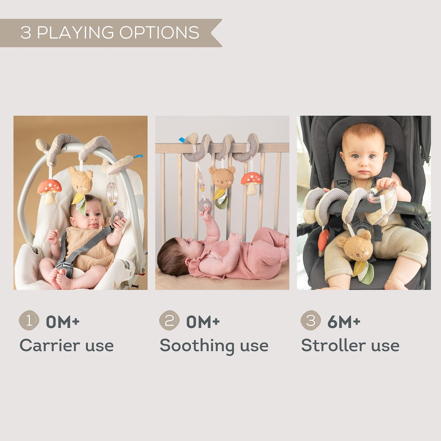 Taf Toys Bear Hug Spiral Car Seat Toy - Plush Bear & Mushroom, Colorful Teethers, Sensory Toys Soft Hanging Toys - Carseat Toys Hanging for Babies 0-6 Months - Newborn Baby Girl Boy Birthday Gifts