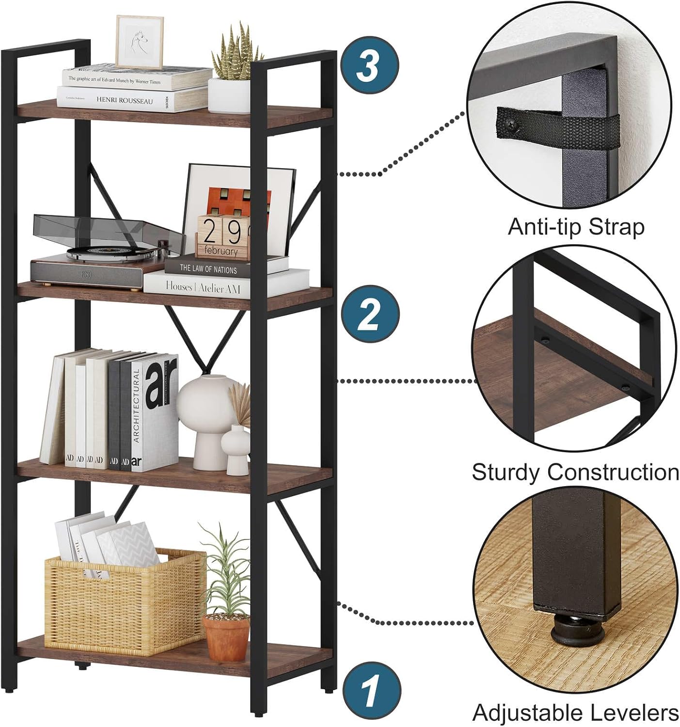 BON AUGURE Industrial 4 Tier Bookshelf, Modern Open Etagere Bookcase, Wood Metal Vintage Shelving Unit for Office Bedroom and Living Room, Heavy Duty Book Shelf (Rustic Oak)