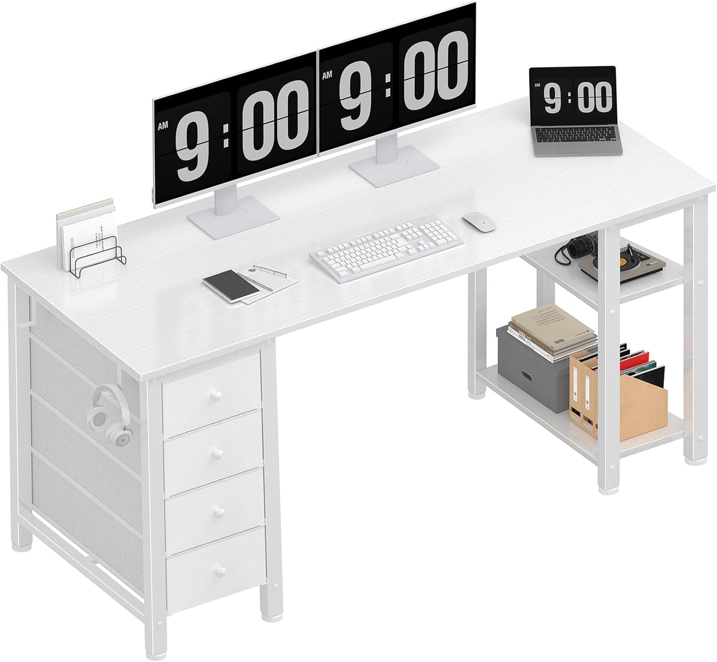 Lufeiya White Computer Desk with Fabric Drawers & Storage Shelves, 63 Inch Study Work Writing Desk for Home Office Bedroom, Simple Modern Cute PC Desks Table, White