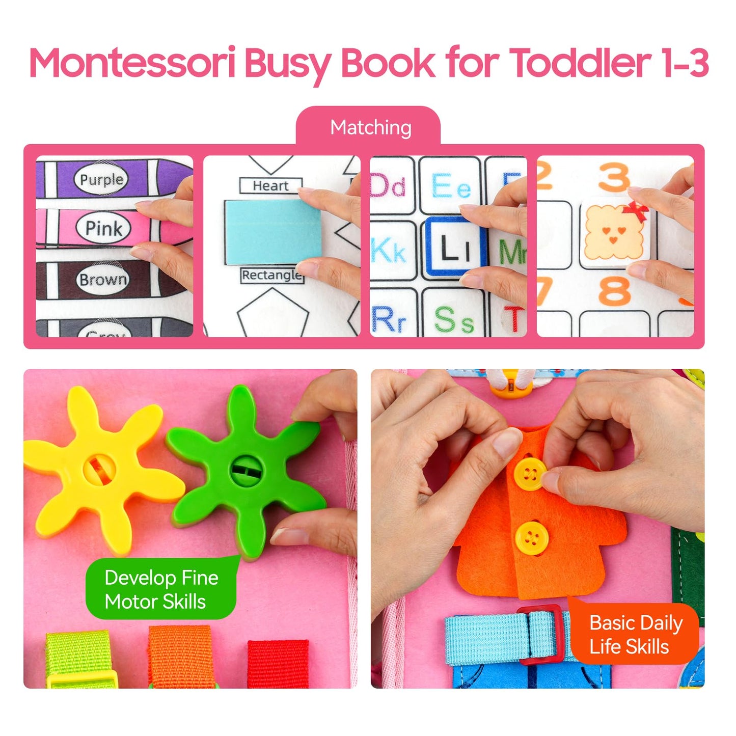Montessori Toy Busy Book for Toddlers 1-3, Birthday Gifts for 1 2 3 Year Old Girls, Travel Activity Book & Sensory Learning Toy 1 2-4 Year Old Girl, Educational Busy Board for Fine Motor Skills
