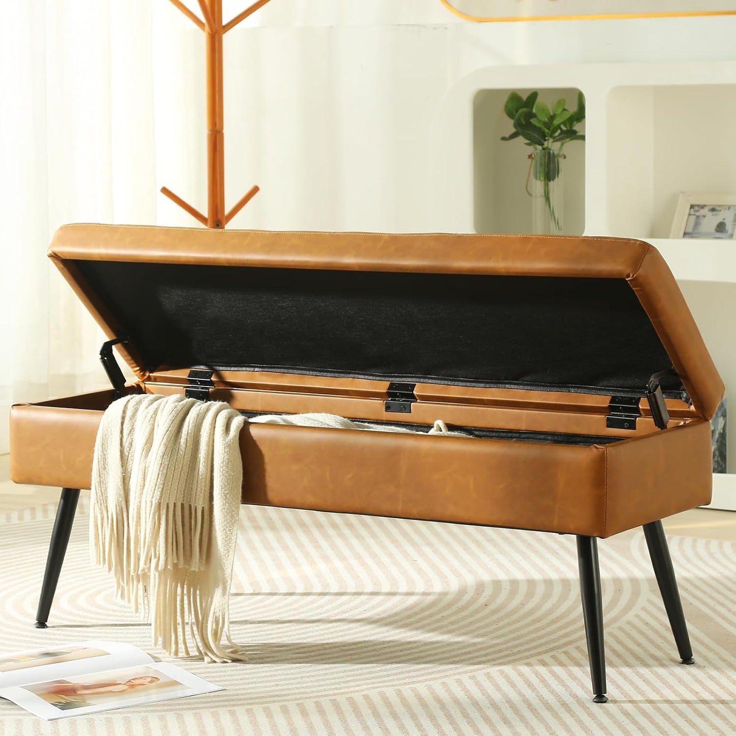 CUYOCA Storage Ottoman Bench, 43.5" Faux Leather Upholstered Entryway Bench, Long Ottoman with Storage for Living Room, Support 660lbs - Cognac Brown