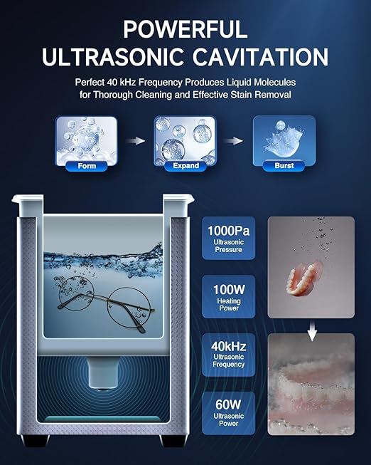 CREWORKS Ultrasonic Cleaner with Heater & Timer, 1/2 Gallon Stainless Steel 60W Ultrasonic Cleaning Machine with Degas & Gentle, 2L Sonic Machine for Professional Jewelry Watch Glasses Cleaning