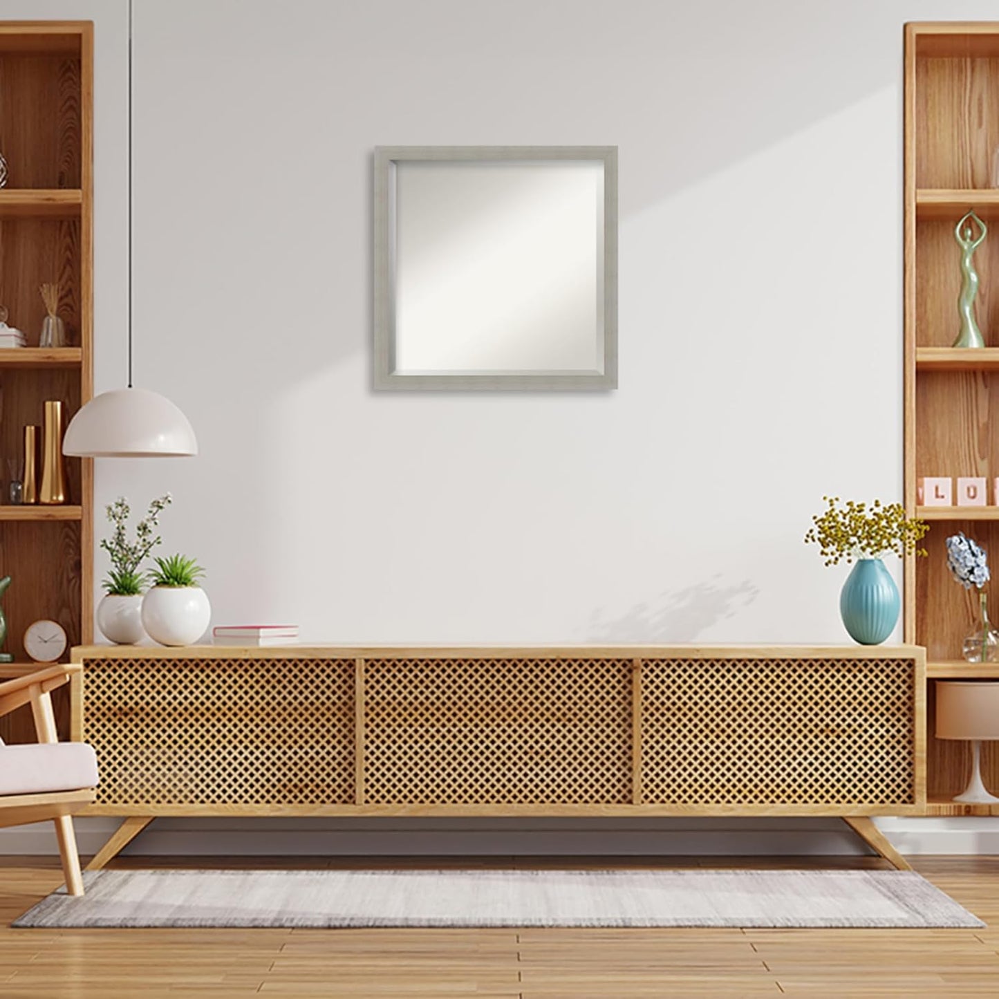Amanti Art Grey Wall Mirror 22x22 Woodgrain Stripe Grey Square Bathroom Mirror for Wall Decor Living Room, Medium Casual Wood Frame, Hangs Horizonally and Vertically, Bathroom Decor, Beveled Edge