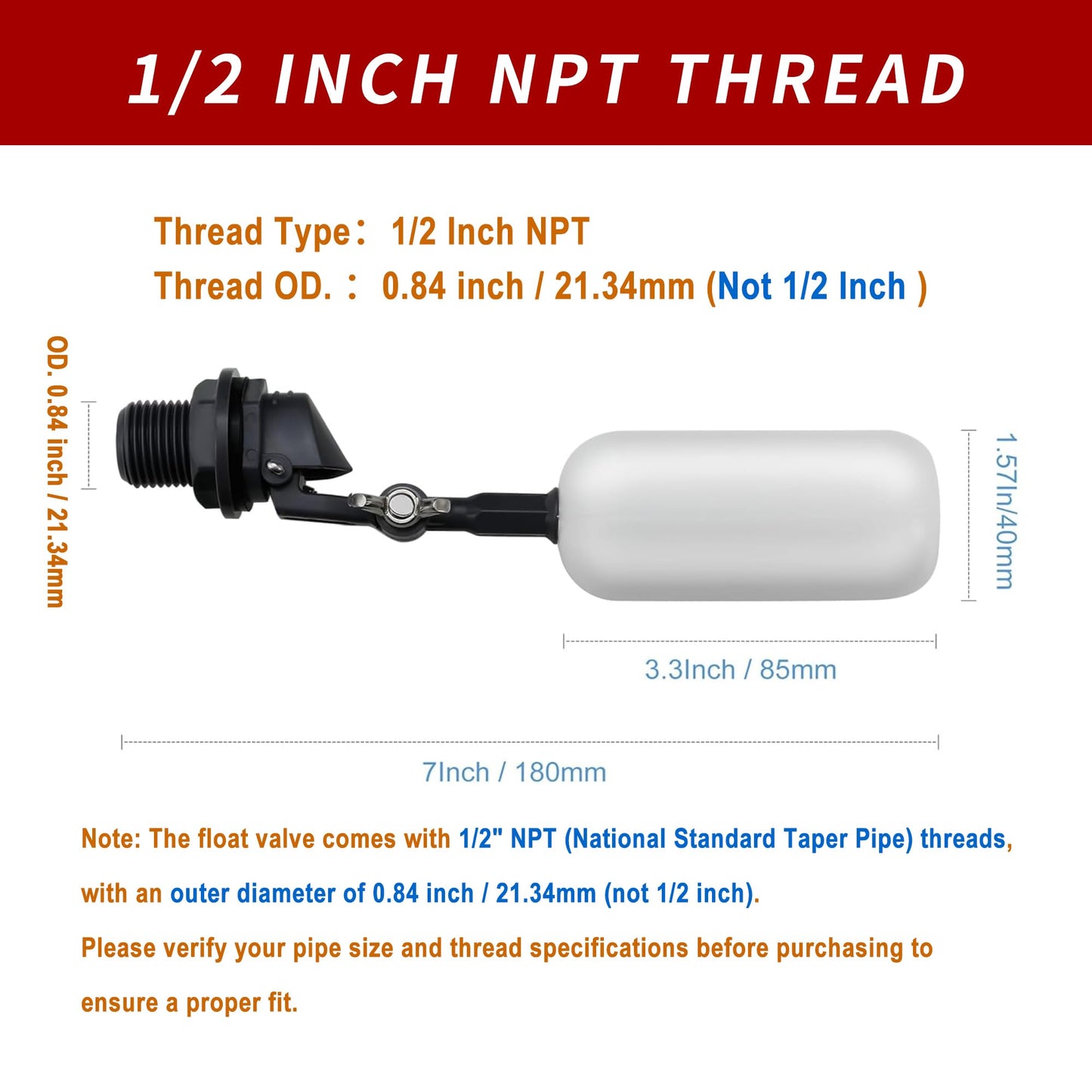 4 Pack Float Ball Valve, 3/4 inch(1/2 Inch NPT Thread), OD. 0.84 inch (21.34mm), Adjustable Arm for Livestock Water Trough, Aquariums, Hydroponics - Automatic Fill and Control Water Level