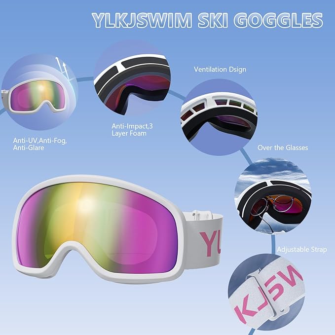 Ski Goggles for Men Women, OTG Snow Goggles, UV Protection Snowboard Goggles for Adult & Youth, Snowmobile, Sledding