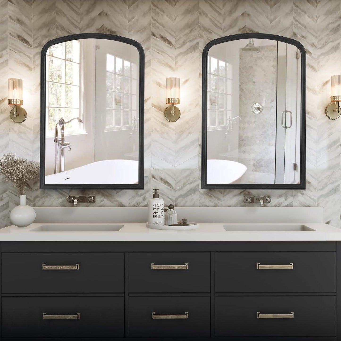 HOMECOOKIN Wood Arched Mirror for Bathroom, 30" x 40" Farmhouse Rustic Arched Wall Mirror Wood Framed Vanity Mirror for Home Decor Entryway Living Room (Black)