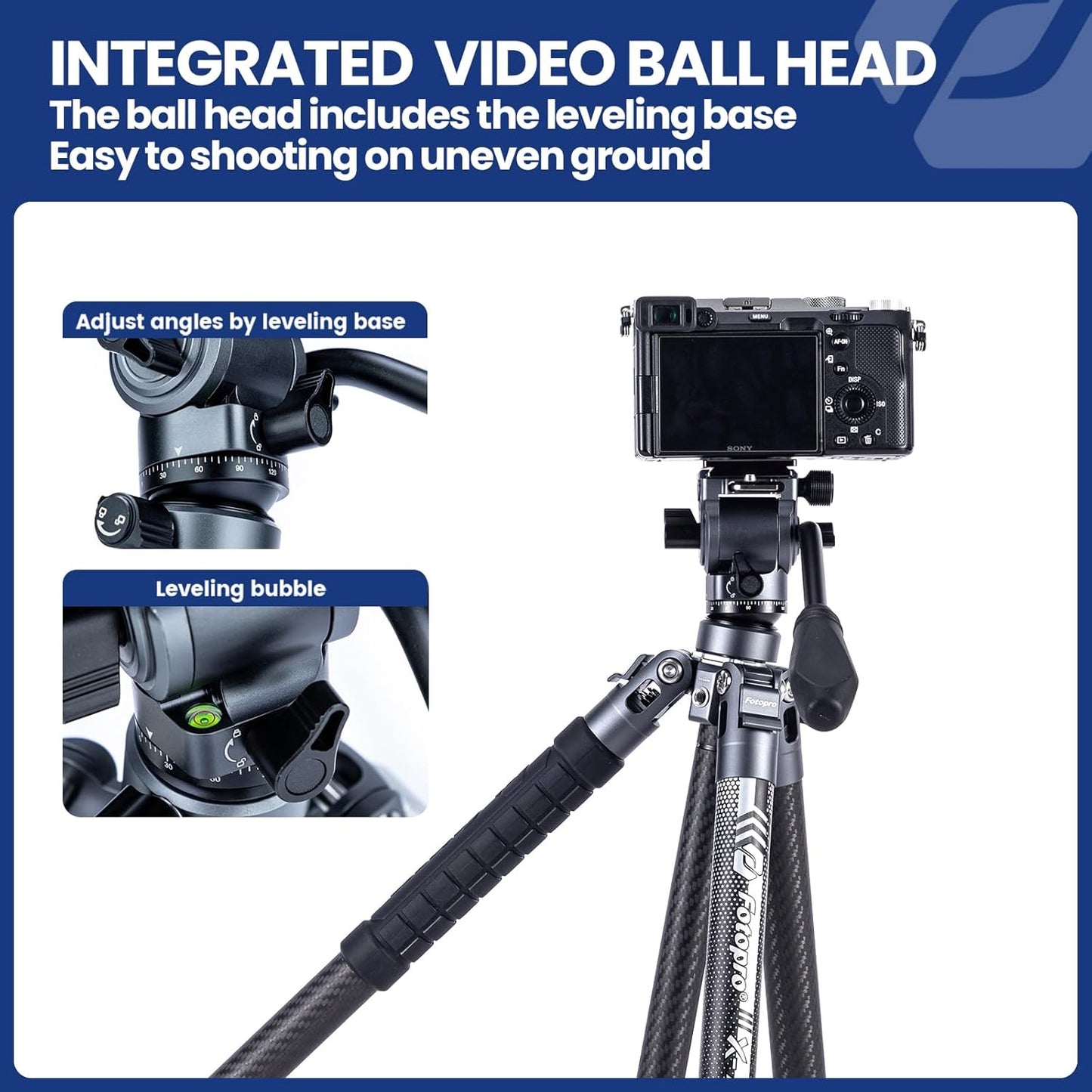Fotopro Carbon Fiber Travel Tripod 2.2lbs Ultralight 64 Inch Portable Compact Travel Video Tripod for Camera DSLR Load up to 22lb X-Aircross 3 Lite Video Grey