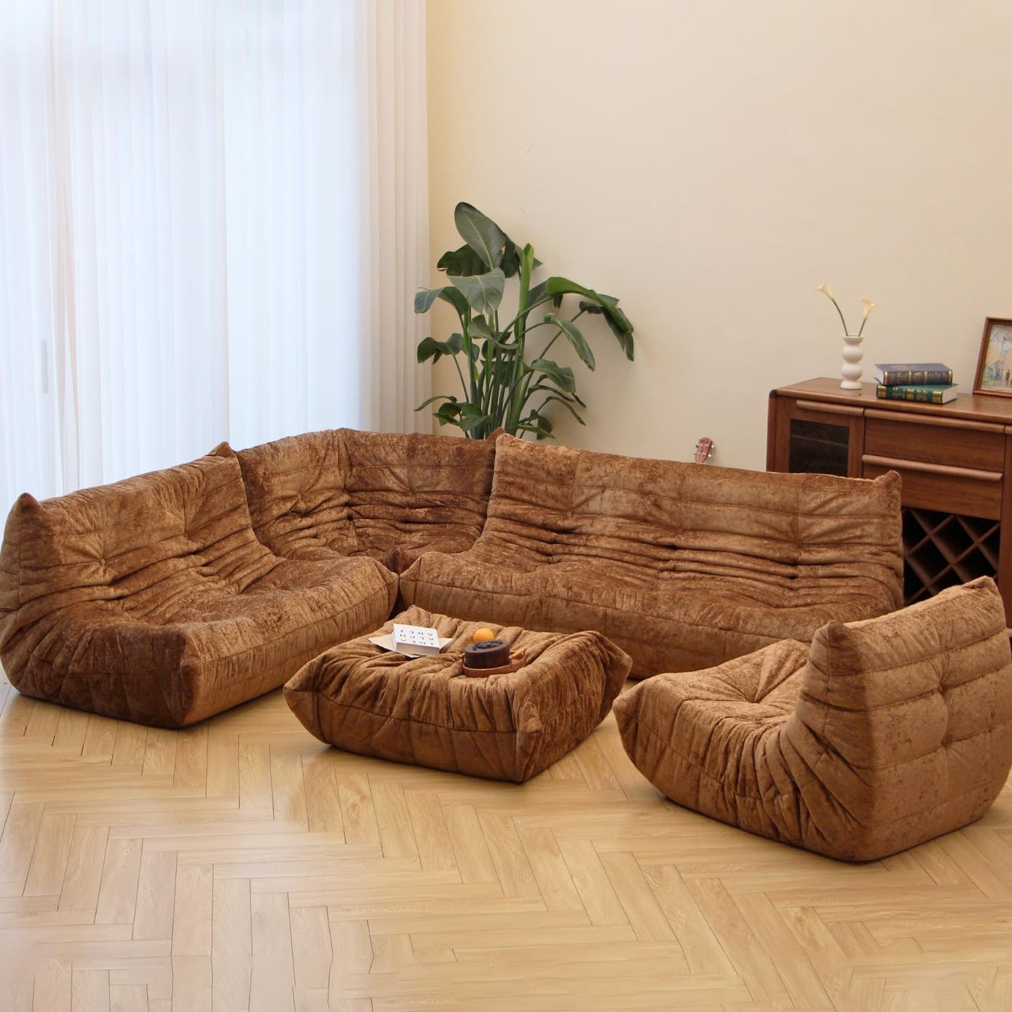 N&V Fireside Chair, Mid Century Armless Floor Sofa, Soft Premium Chenille Floor Lounge Chair, Foam Sofa Accent Chair for Living Room Bedroom and Office (Brown, Three Seater)