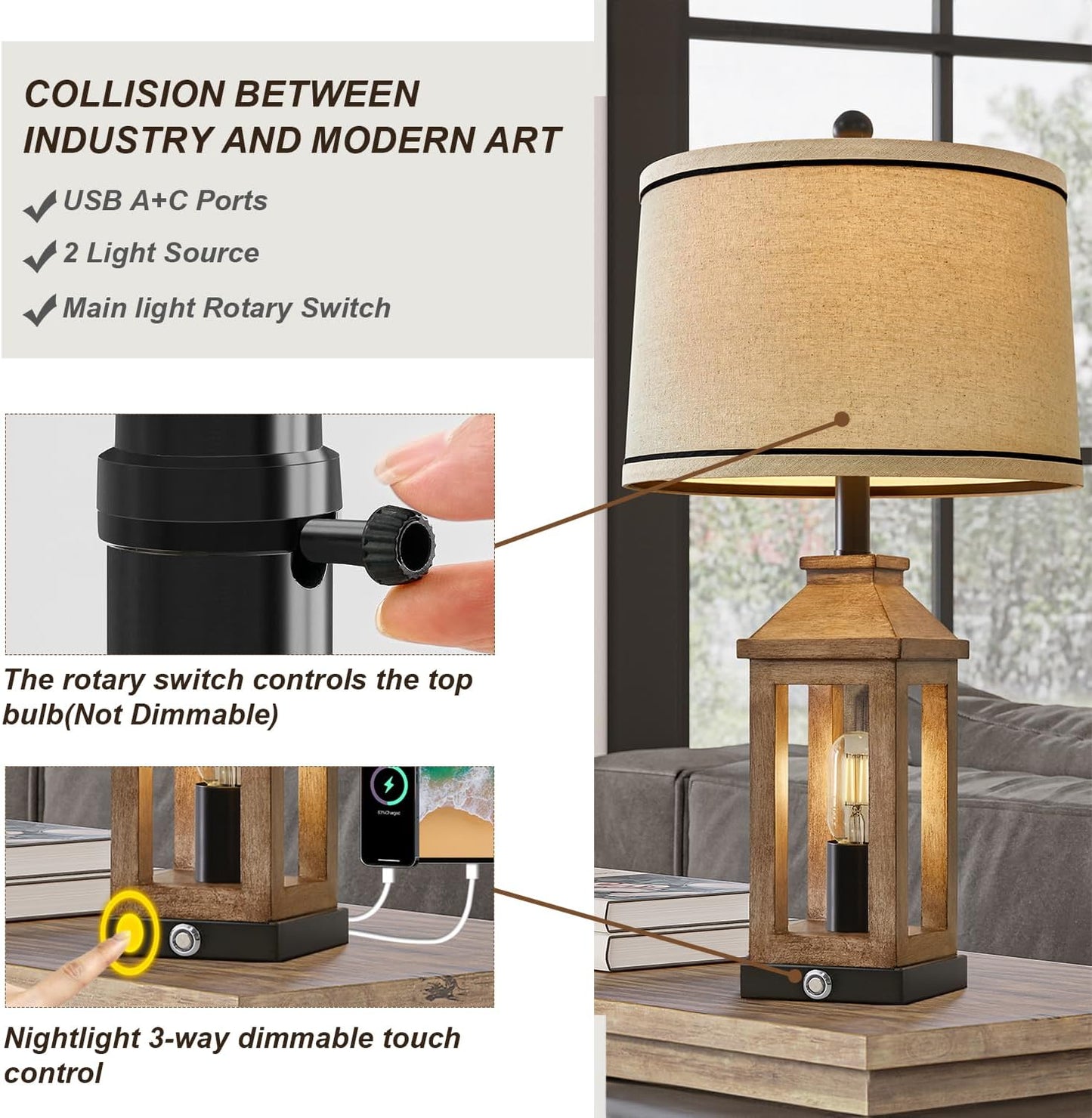 23.75" Farmhouse Table Lamps USB A+C Charging Ports 3-Way Dimmable Touch Control Lamp Nightlight Vintage Modern Lamp for Living Room Bedroom with 2 Light Sources