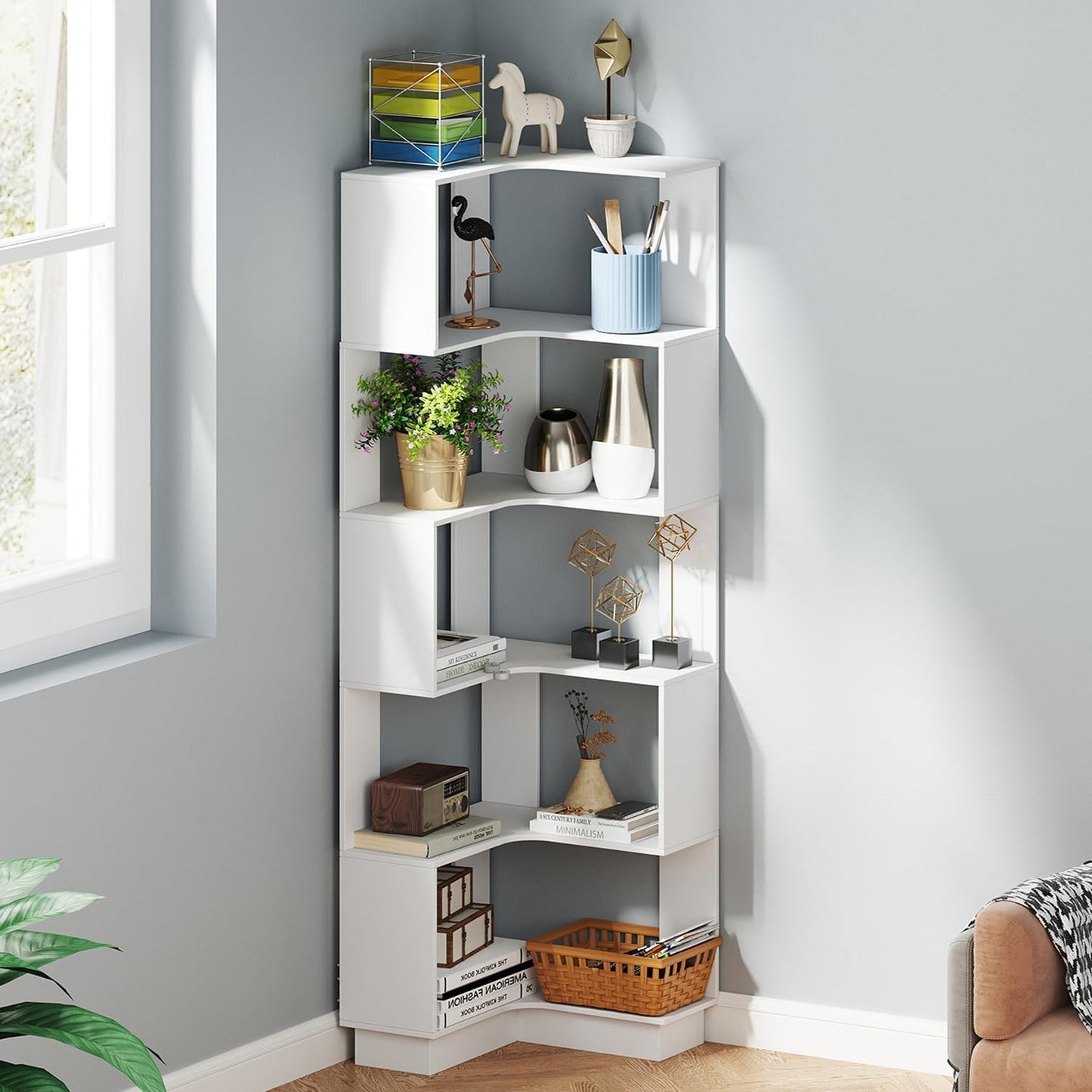 Corner Bookshelf, 68.9" Tall Wooden Corner Bookcase 5 Tiers L-Shaped Storage Freestanding Display Rack Large Open Bookshelf with Fixture for Living Room Bedroom Study Office (White)