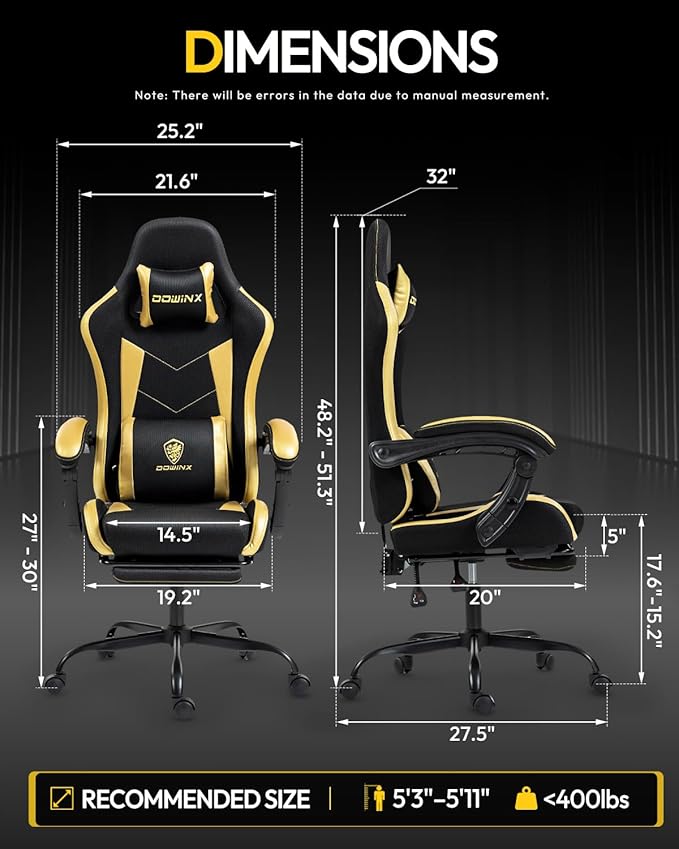 Gaming Chair with Footrest, Ergonomic 330lbs Leather Mesh Chair, Massage Lumbar Support,Adjustable Height & Headrest,Breathable Seat for Office, Home, Streaming, Long Gaming Sessions, Black and Golden