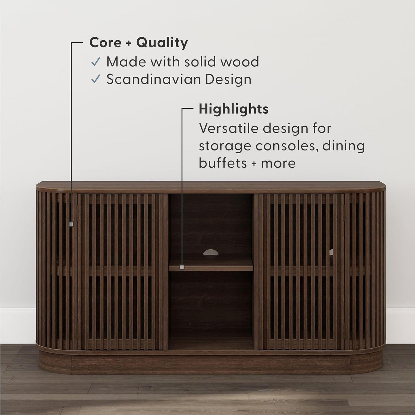 Plank+Beam Contour Wood TV Stand, Two Door Solid Wood Entertainment Console with Storage, 59" L x 16" W x 30" H, Walnut