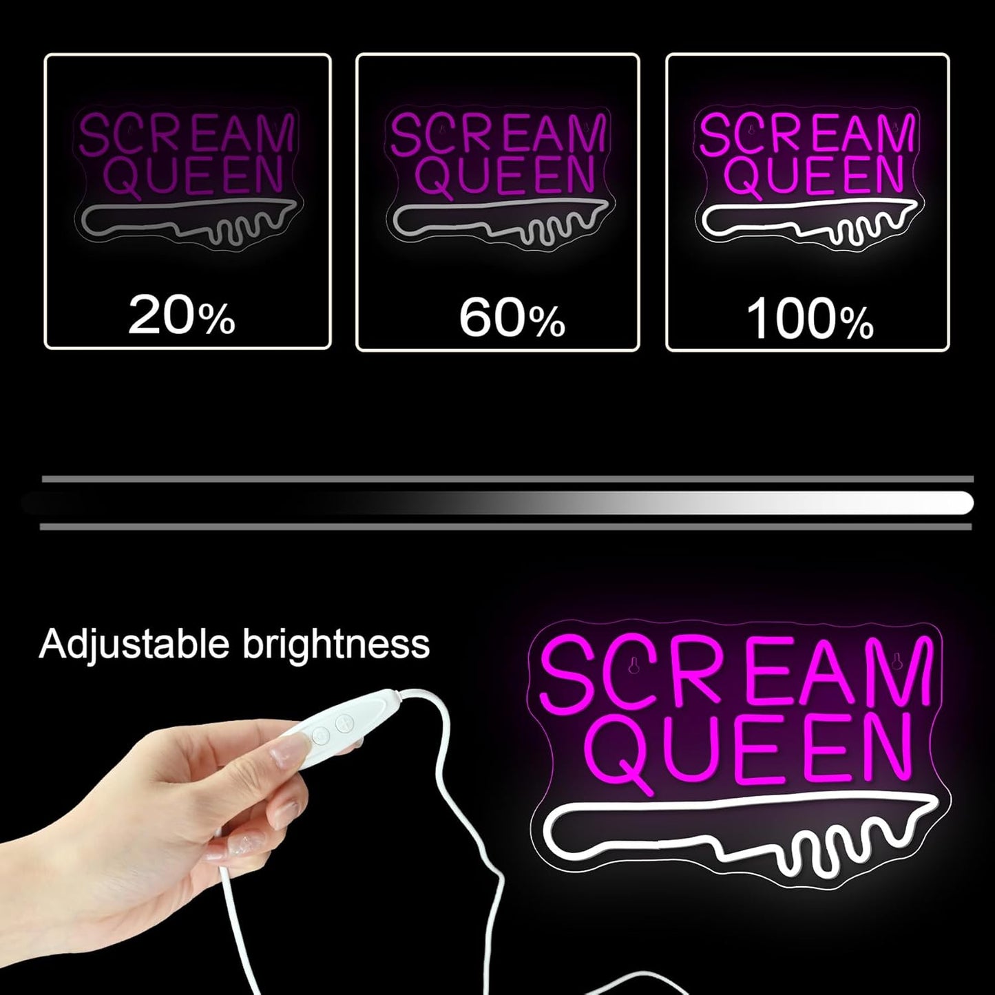 NOSUN Scream Queen Neon Sign for Wall Decor Dimmable Neon Knife Sign LED Light Sign for Teen Girl Boy Child Letter Pink Neon Sign Room Dorm Art Wall Decor