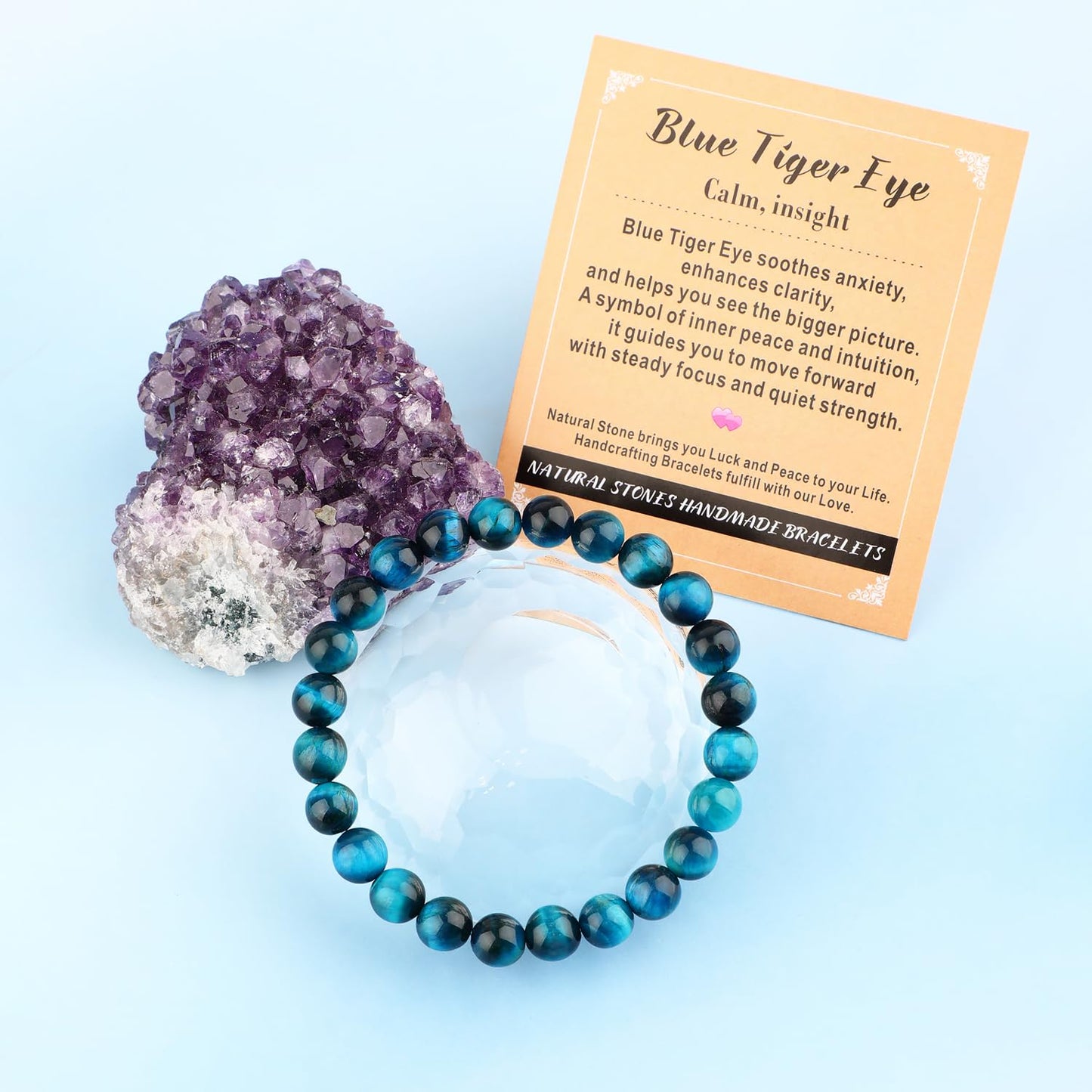 AD Beads 6mm Handmade Blue Tiger Eye Elastic Bracelet – Natural Gemstone for Calm and insight – Meditation, Yoga, Healing and Energy Gift for Men Women