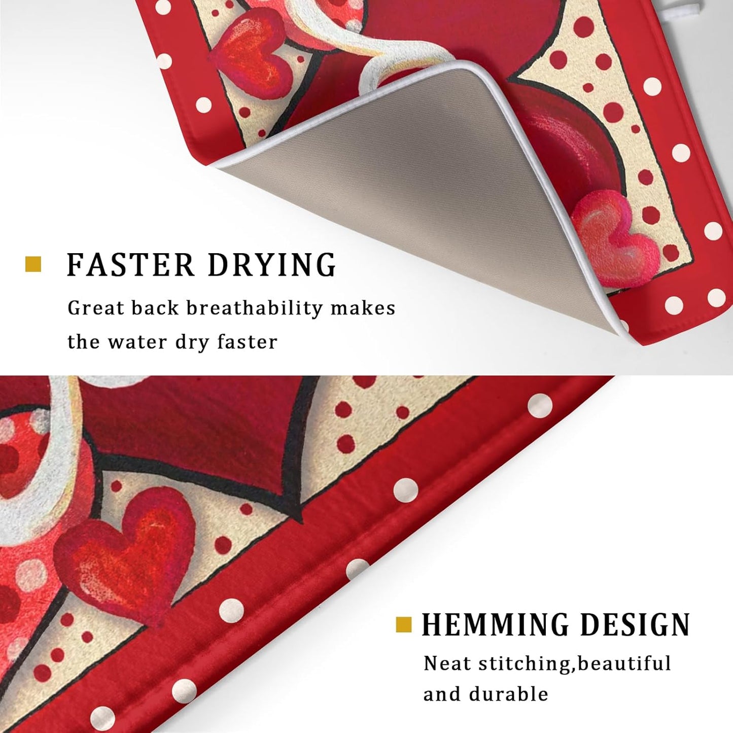 Love Heart Dish Drying Mat 18"x24" Red Dots Microfiber Dish Rack Mat Holiday Absorbent Fast Dry Draining Pad for Kitchen Counter Bar Sinks