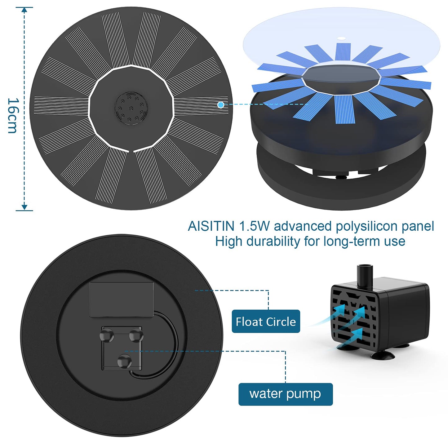 AISITIN 2 x 1.5 W DIY Solar Powered Garden Fountain with 6 Nozzles Effects for Ponds, Bird Bath, Aquarium, Garden Fountain