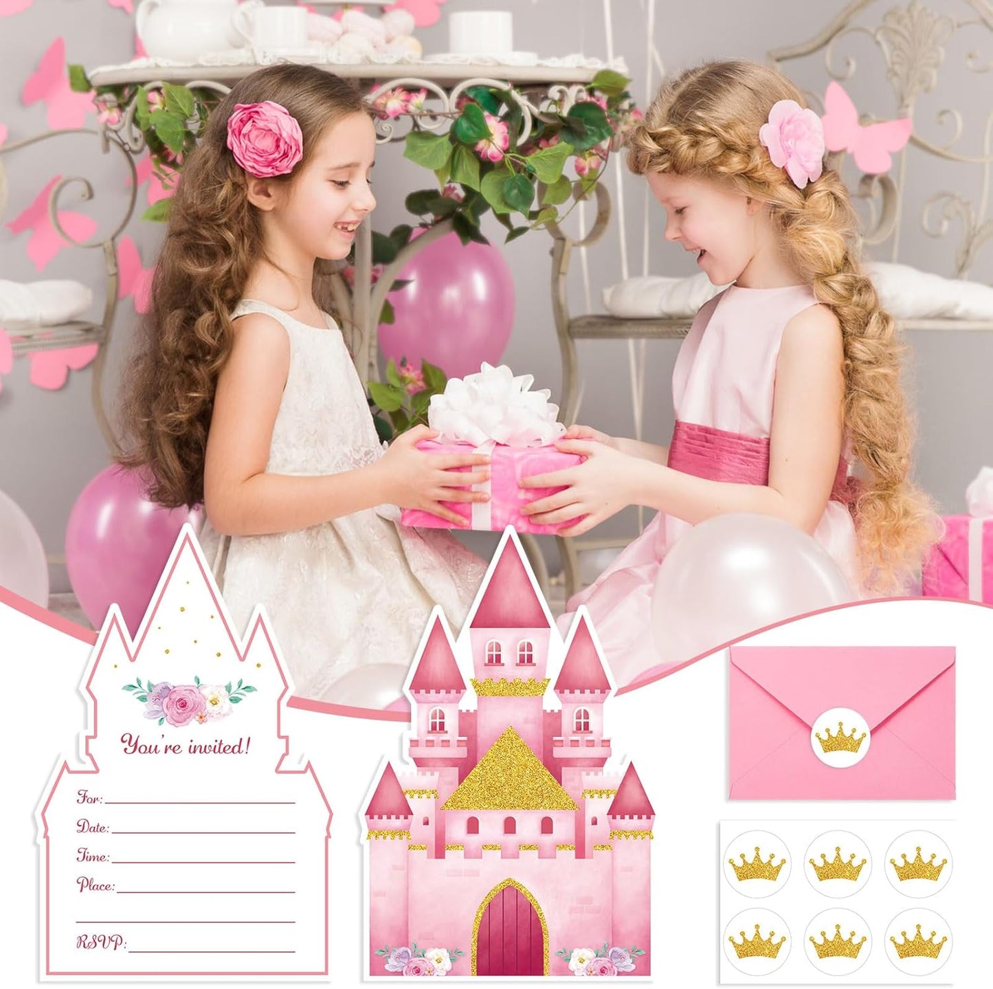 30 Sets Birthday Invitations with Envelopes Stickers Themed Invitations for Girl Boy Birthday Party Supplies Decoration (Pink Castles)