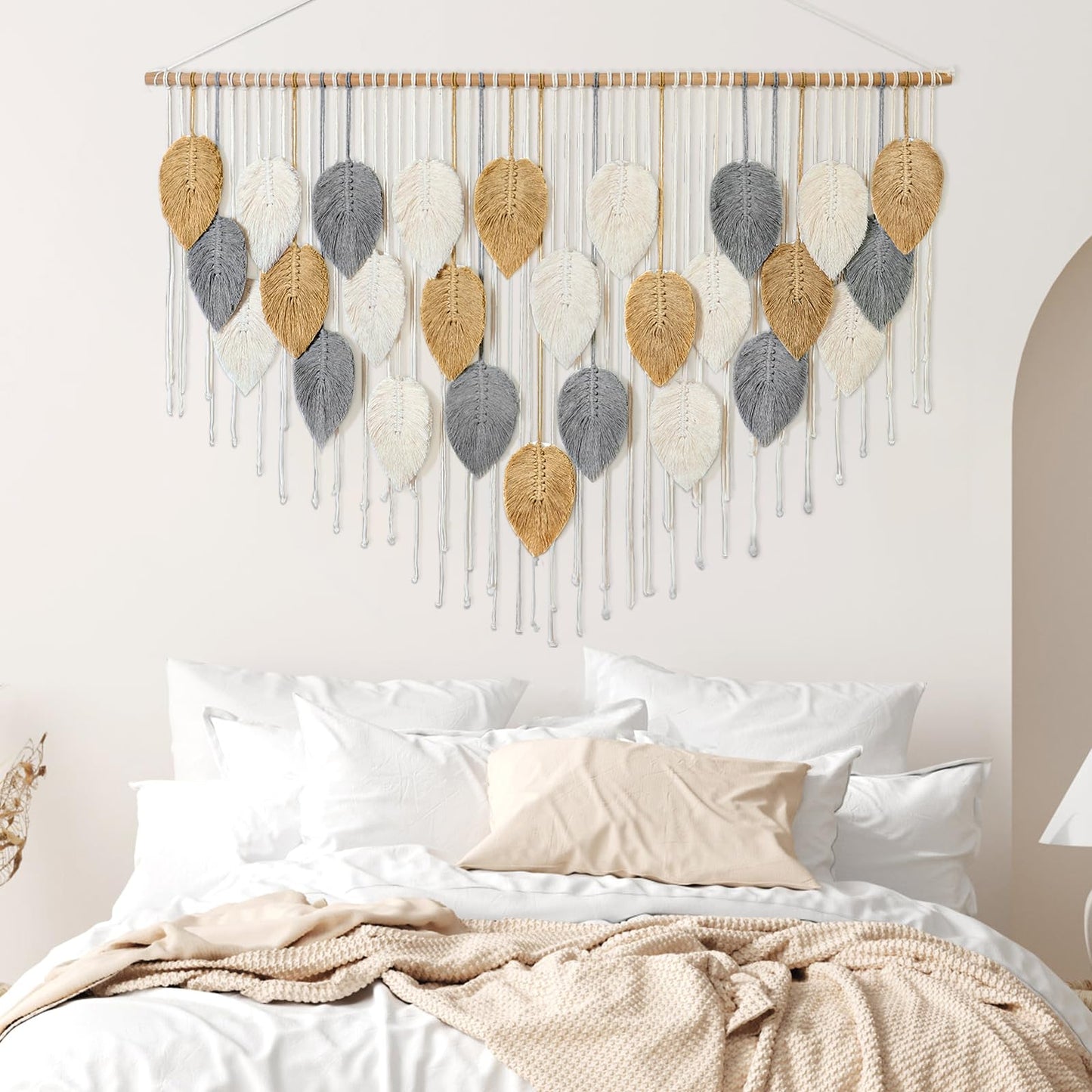 KHOYIME Large Macrame Wall Hanging Boho Woven Tapestry, Chic Modern Home Decor Bohemian Farmhouse Handmade Leaf Feather Wall Art Decorations for Living Room Bedroom Nursery Dorm Backdrop 51.5"W X 33.5"L