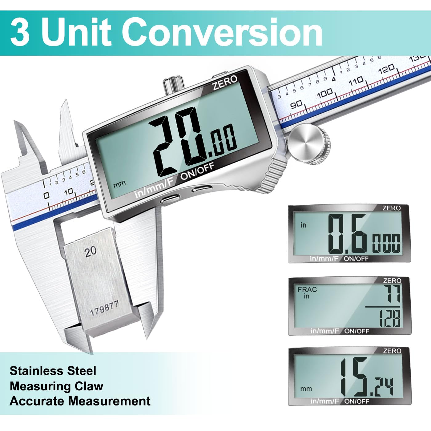 Kynup Digital Caliper Measuring Tool, Vernier Dial Caliper Digital Outside Micrometer, 6 Inch Caliper DIY Tool, Stainless Steel, Large Screen, Splash Proof, Inch Metric Fraction Switch