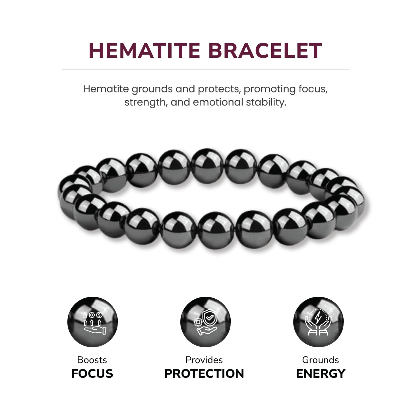 Hematite Bracelet for Women | Natural Real Hematite Stone 8mm Beaded Bracelet | Grounding Crystal Jewelry Gift for Her - Elastic Adjustable Size