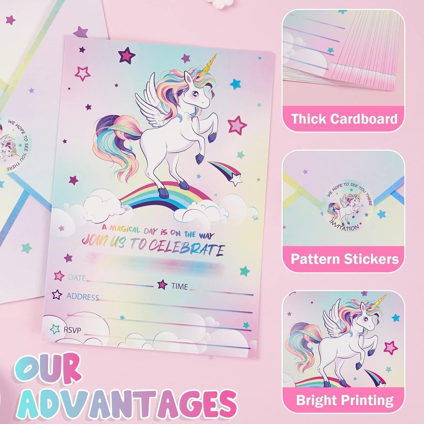 WERNNSAI 24PCS Unicorn Birthday Invitation - Rainbow Unicorn Party Supplies Fill-in lInvitations with Envelopes for Girls Birthday Baby Shower Double-sided Printed Invite Cards