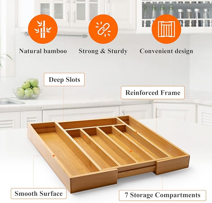 Bamboo Silverware Drawer Organizer Expandable Large Kitchen Utensil Holder Drawer Divider Organizers Storage Adjustable Cutlery Silverware Tray Wooden Spoon Holder Flatware Organizer Trays