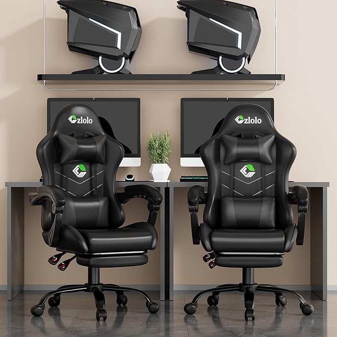 Gaming Chair with Footrest Racing Style Lumbar Support Massager Video Game Chair with Metal Legs, High Back Gamer Chair with Headrest, 360° Swivel Office Computer Desk Chair, Black