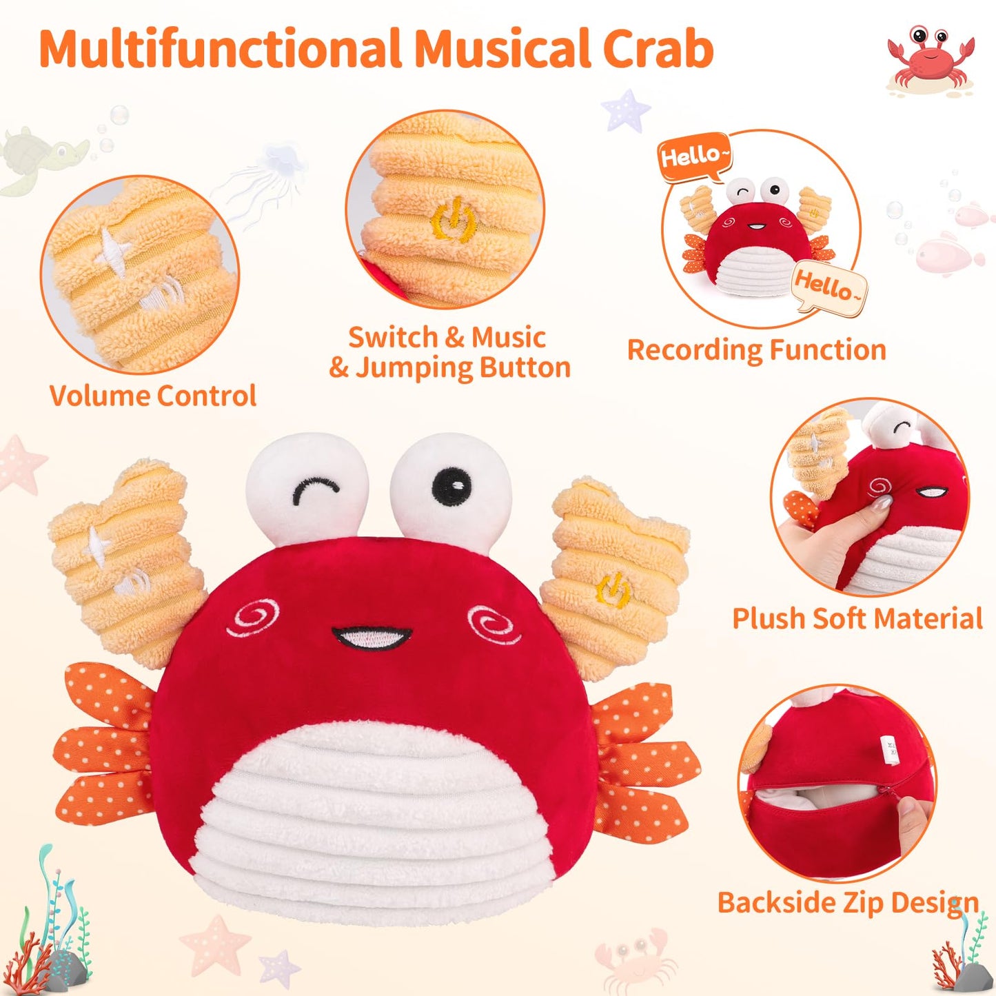 nicknack Baby Toys 0-6 Months – Crawling Dancing Bouncing Musical Learning Plush Crab,Interactive 100+ Songs Toy for 1 2 3 Year Old Boys Girls Sensory Birthday Gifts