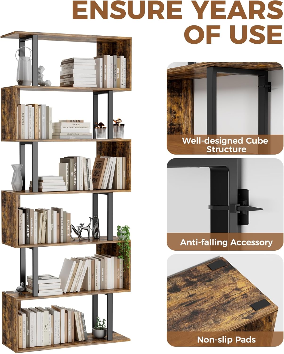 Gadroad 6 Tier Geometric Bookcase,S Shaped Bookshelf, Wood Decorative Storage Shelving, Modern Freestanding Display Shelves, Tall Book Shelf Unit for Living Room Bedroom, Rustic Brown