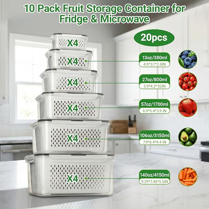 10PCS Fruit Storage Containers for Fridge, Leakproof Produce Containers for Fridge with Removable Colander, All-In-One Fruit Containers Stainers Berry, Fruits, Vegetables, Lettuce Keeper Local Stock