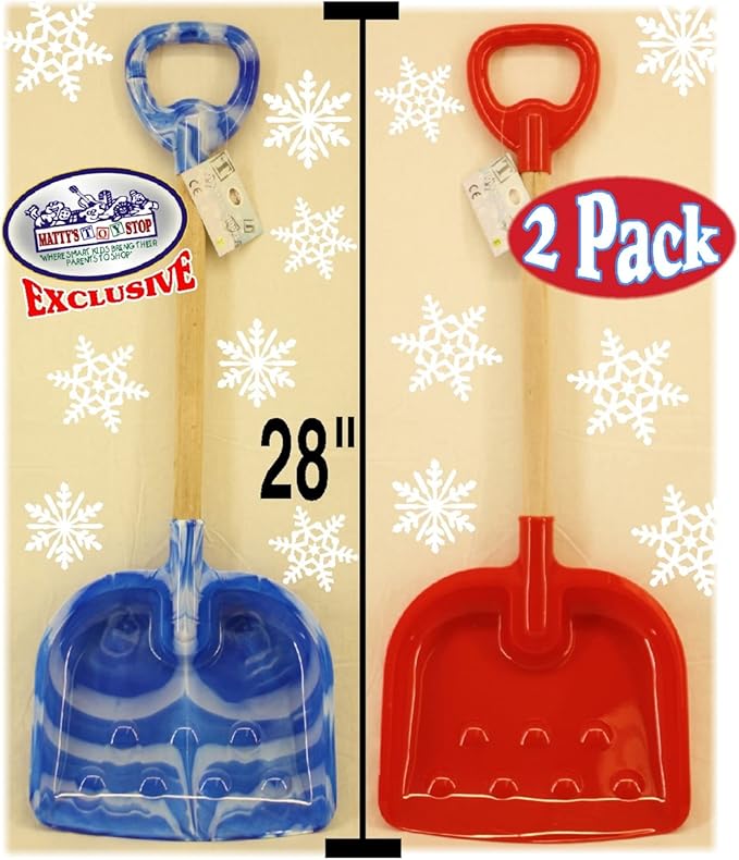 Matty's Toy Stop 28" Heavy Duty Wooden Snow Shovels with Plastic Scoop & Handle for Kids - 2 Pack (Red & Blue Swirl)
