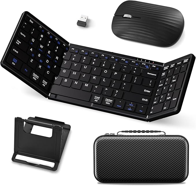 Foldable Keyboard and Mouse, USB-C Rechargeable Folding Wireless Bluetooth Keyboard Combo, Full-Size Portable Travel Keyboard & Mouse for Business Travel, Compatible with Laptop iPad Tablet