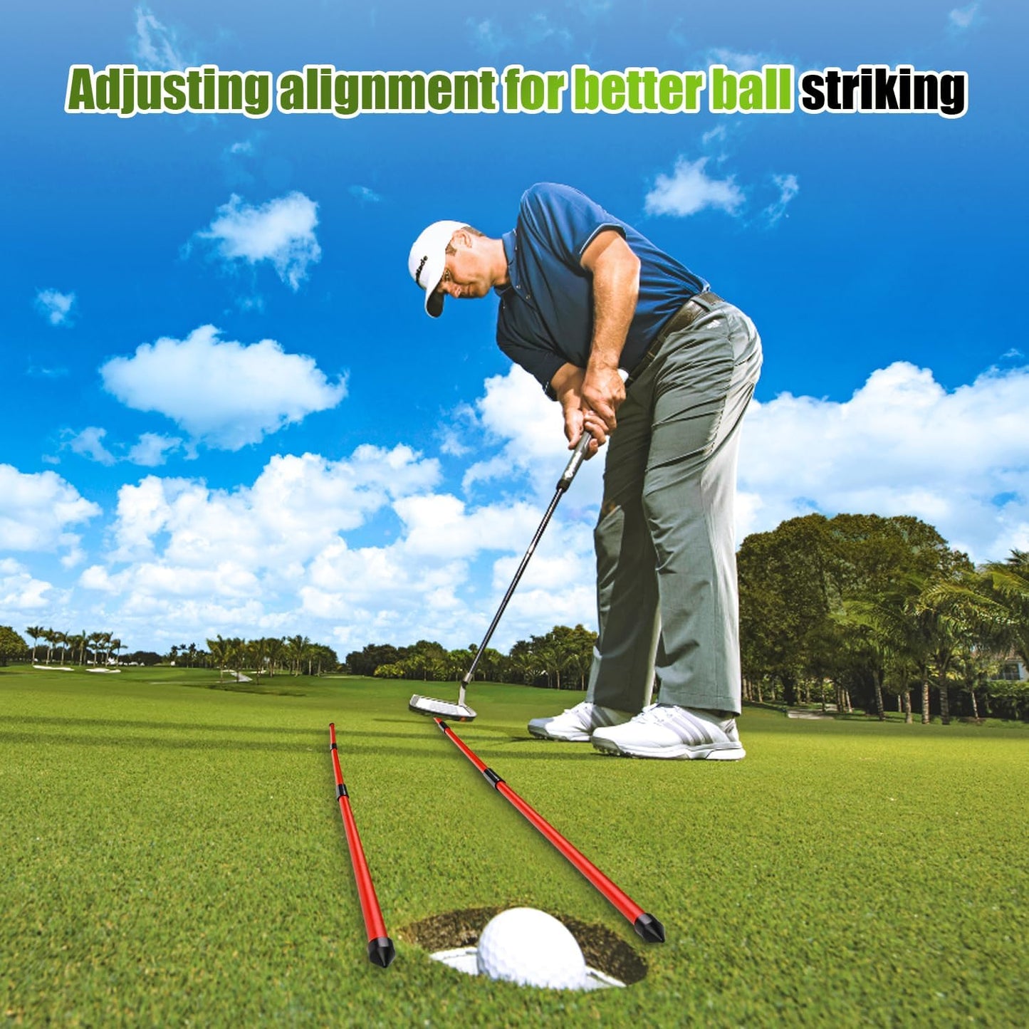 Golf Alignment Sticks 2 Pack, 48″Collapsible Practice Rods for Aiming/Putting, Golf Training Aid for Swing Trainer with Clear Tube Case, Foldable Training Rods with 10 Golf Tees