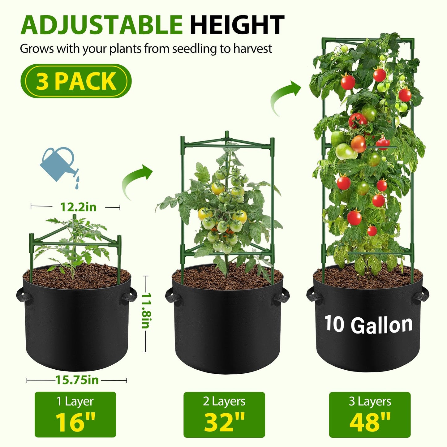 Suntee 3 Pack Tomato Cage with 10 Gallon Grow Bags, 48 Inch Tomato Cages for Garden Patio Balcony, Adjustable Height Tomatoes Plant Support for Climbing Vegetables Plants Flowers