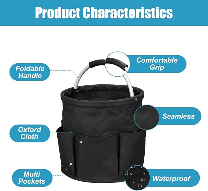 17L Cleaning Caddy with Handle,Foldable Tool Storage Basket,Garden Tool Organizer with 6 Pockets,Portable Cleaning Bucket Organiser for Storing Towels,Home Storage (Black)