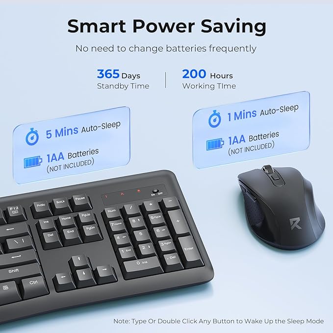 Redragon Wireless Keyboard and Mouse Combo, 2.4G Full-Sized Ergonomic Computer Keyboard and 5 Level DPI Adjustable Wireless Mouse for Windows, Mac OS Desktop/Laptop/PC, BS-7367-B