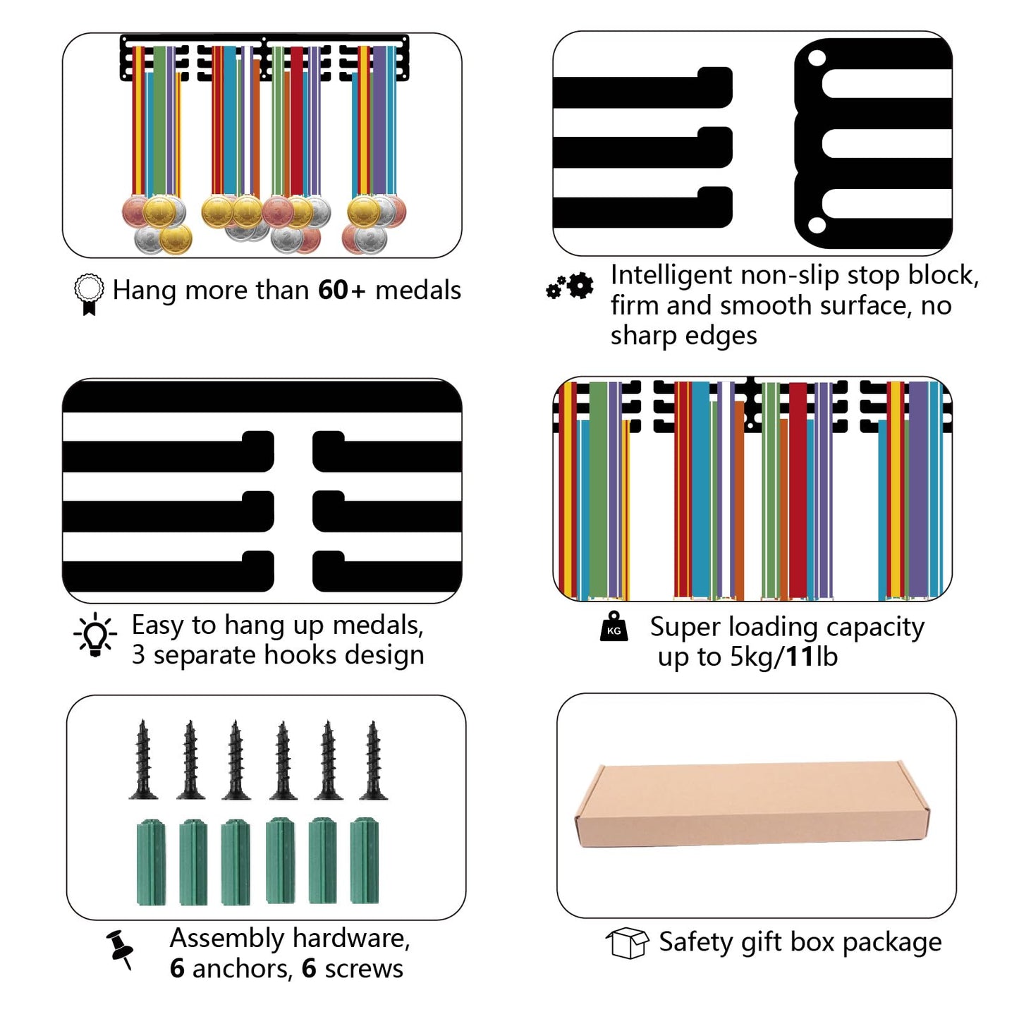 CREATCABIN Body Building Medal Holder Bodybuilding Medal Hanger Display Sports Ribbons Organizer Metal Black Rack Frame Shelf Wall Hanging Over 60+ Medals for Player Athlete Medalists 15.7 x 5.9 Inch