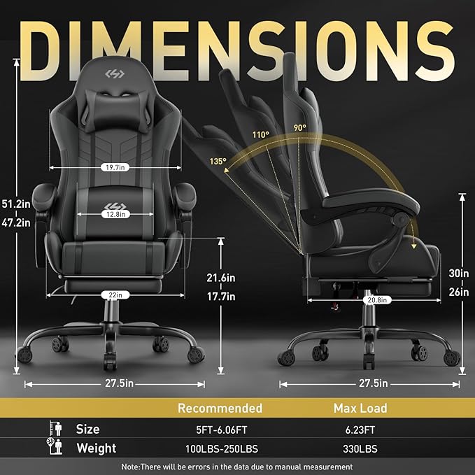 HLDIRECT Gaming Chair, Ergonomic Video Game Seat with 360° Swivel & Lumbar Massage, Computer Chair PU Leather Cushion for Adults Home/Office Use (Black & Grey)