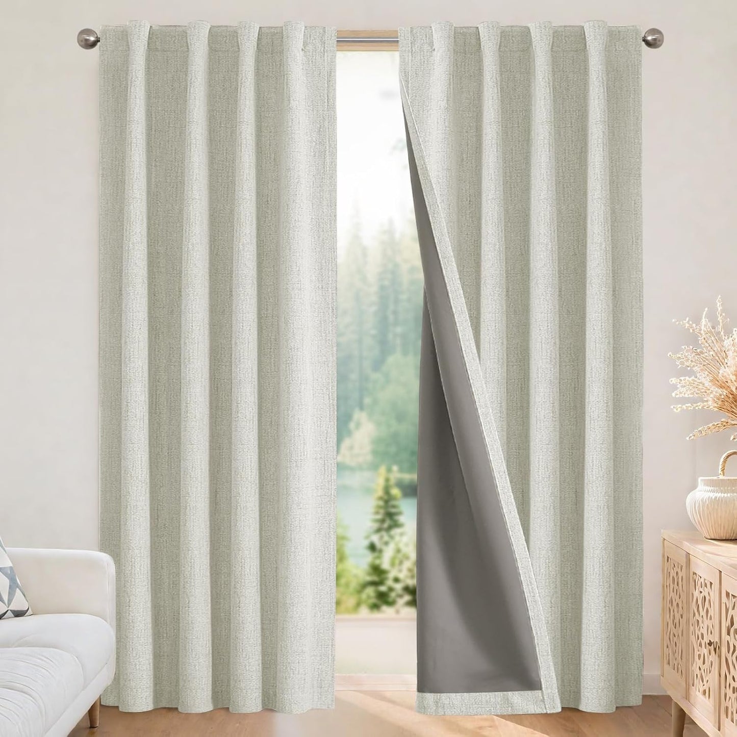 Joydeco 100% Blackout Curtains for Bedroom - Natural Linen Curtains 70" W x 96" L Long, Thermal Insulated 1 Panels Light Beige. Room Darkening Light Blocking Drapes for Living Room