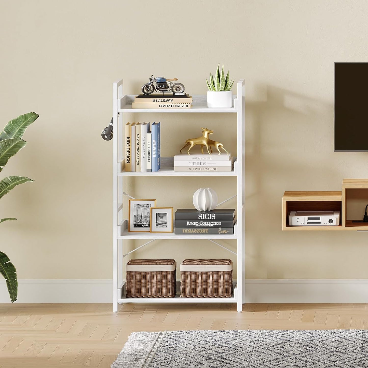 Rolanstar Bookshelf 4 Tier with 4 Hooks, Industrial Bookcase, Vintage Storage Rack with Open Shelves, Rustic Standing Bookshelves Metal Frame Display Rack for Living Room, Bedroom, White