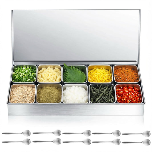 Boao 10 Compartment 304 Yakumi Pans Stainless Steel Seasoning Condiment Container with Lids Spoons, Japanese Yakumi Pans Mini Sauces Salad Dressings Storage for Food, Herbs, Spices